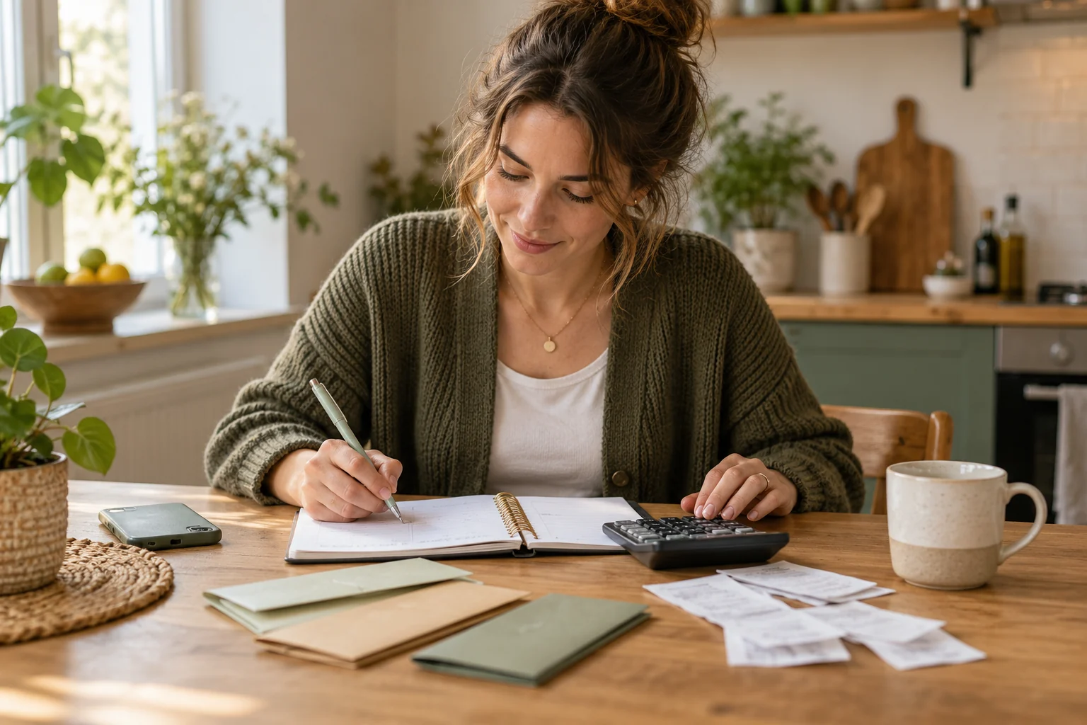 Een maandbudget bijhouden met een huishoudboekje en rekenmachine